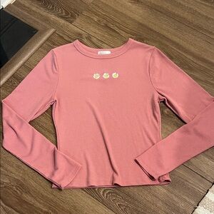 Orange Kiss pink long sleeve flower embroidery women’s top